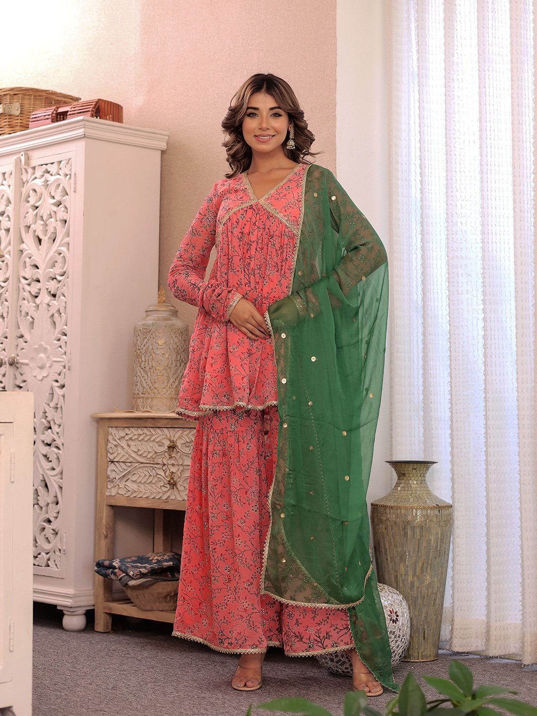 ALIA CUT PINK FLORAL EMBROIDERED KURTA WITH SHARARA & DUPATTA
