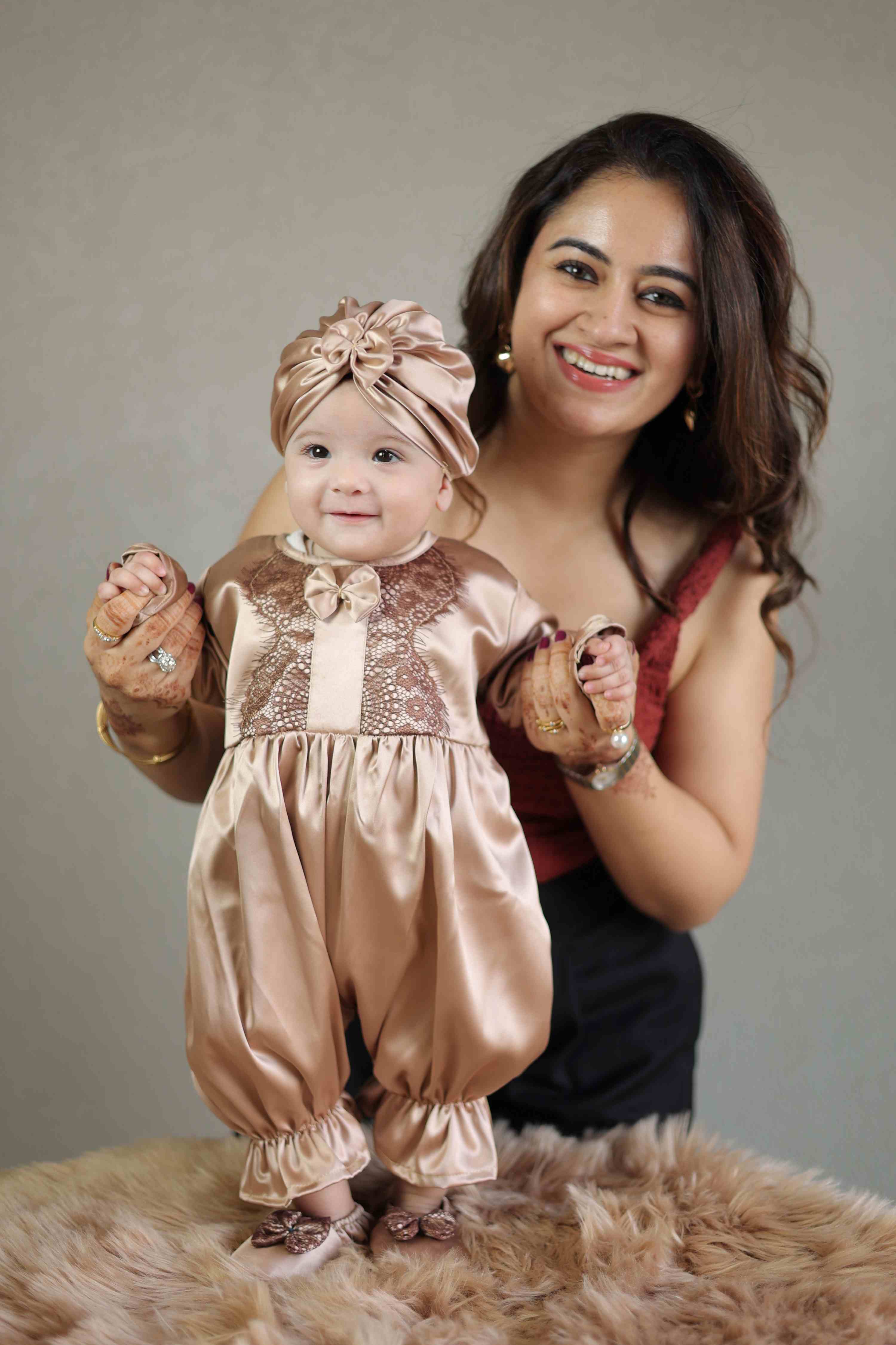 Little Luxe Gold Satin Romper and Turban Set