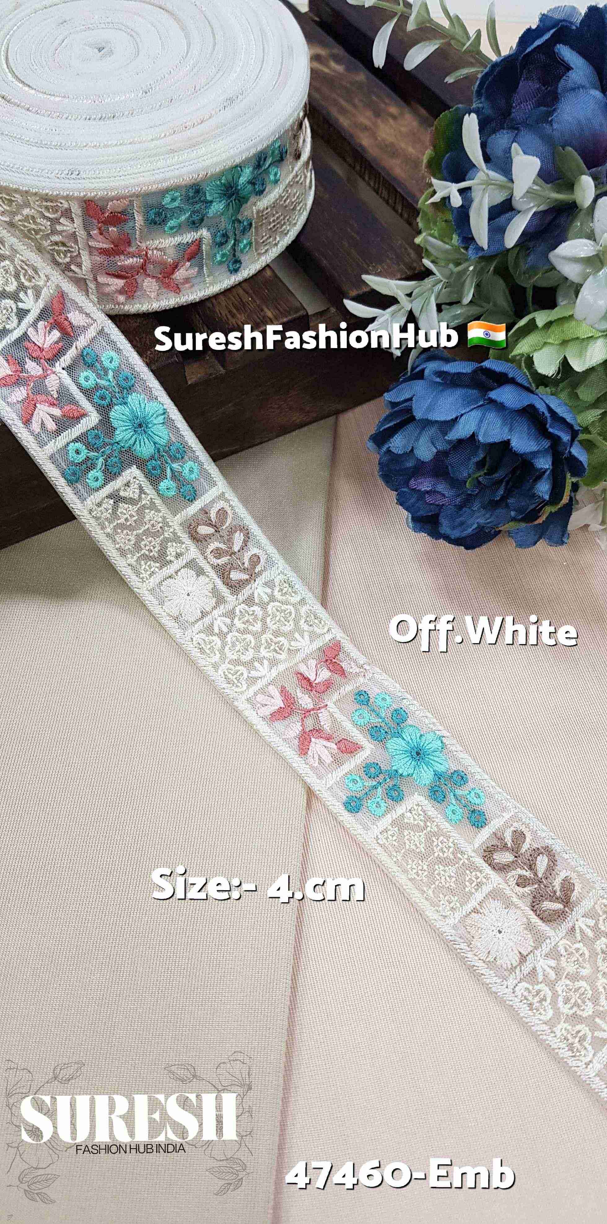 Off White Embroidered Floral Net Lace