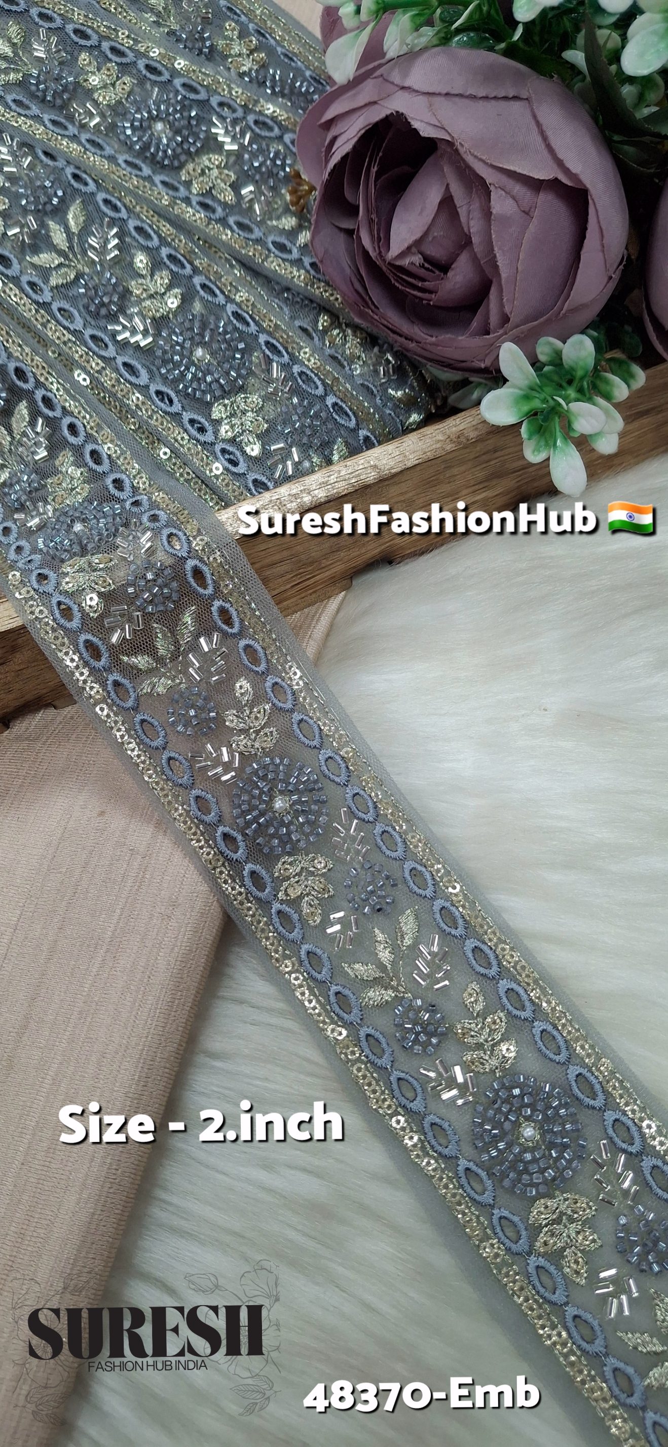 Grey TwinCut Floral Net Embroidered Lace