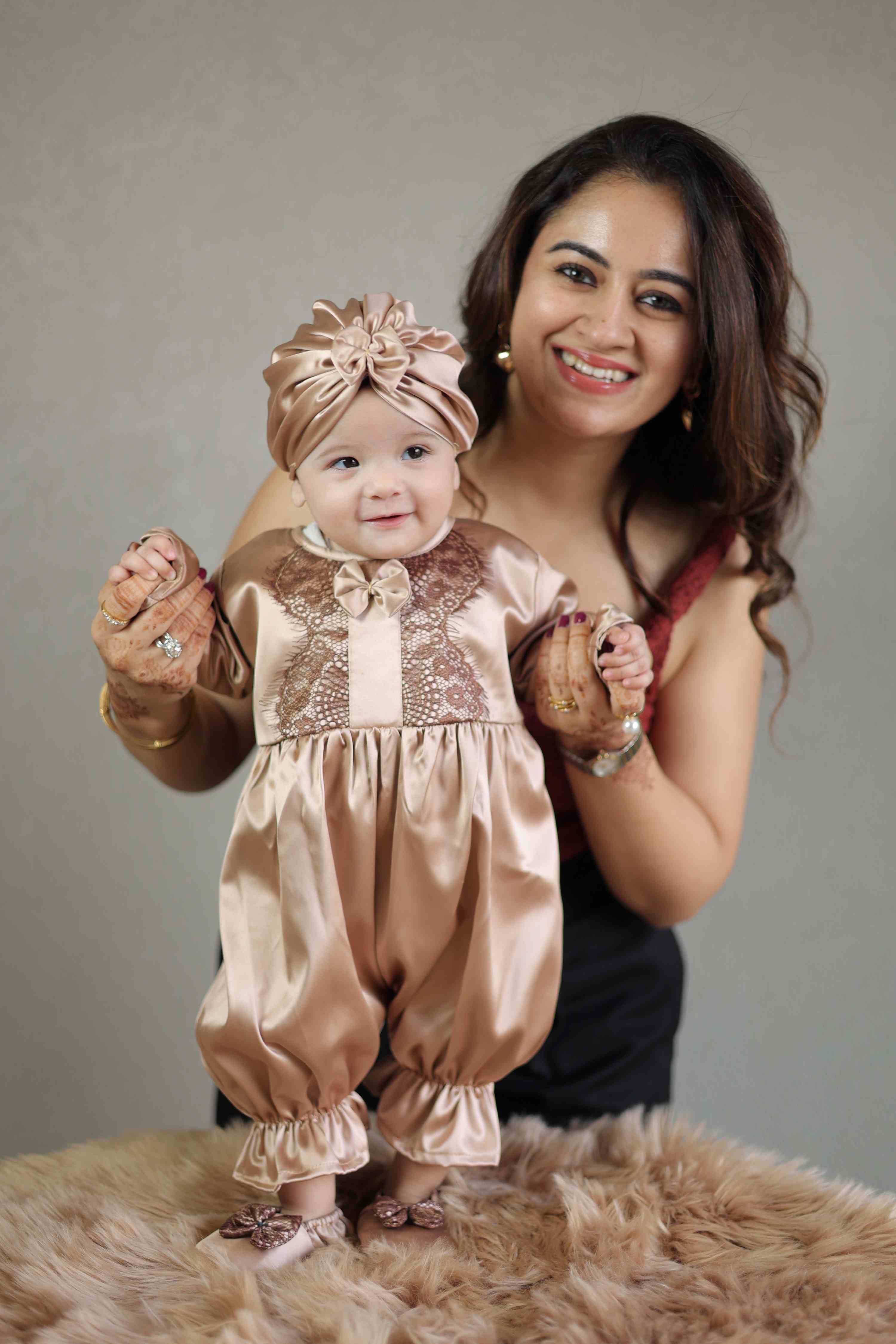 Little Luxe Gold Satin Romper and Turban Set