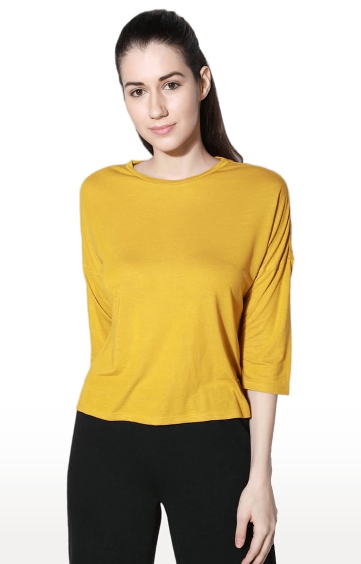 SilverTraq | Women's Tawny Mustard Viscose Solid Activewear Top 1