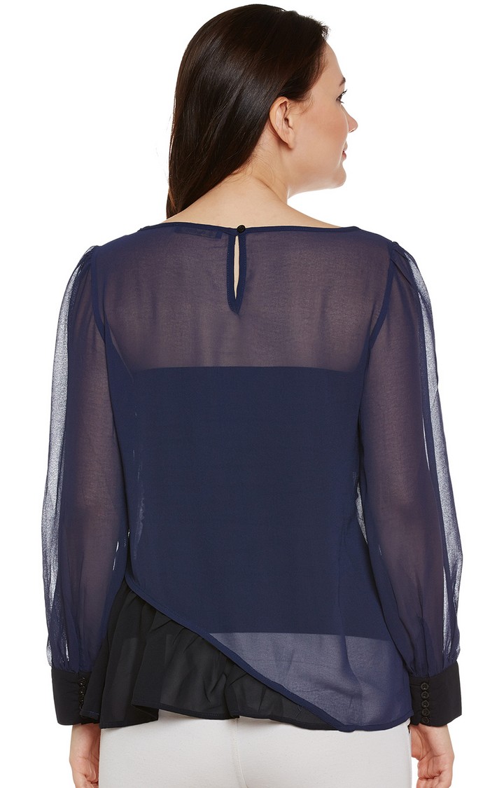 Navy & Black Sheer Top With Ruffles
