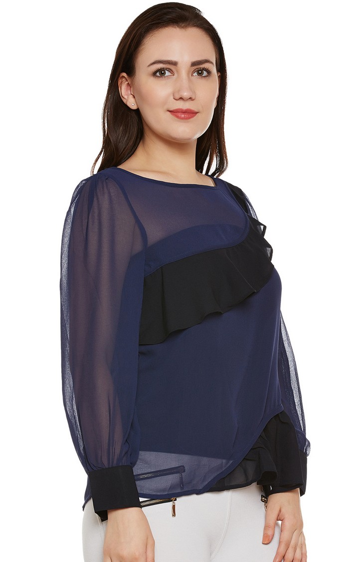 Navy & Black Sheer Top With Ruffles