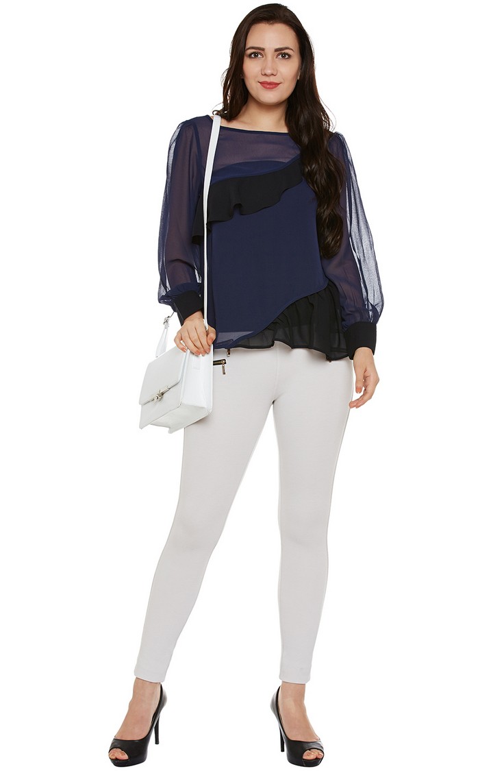 Navy & Black Sheer Top With Ruffles