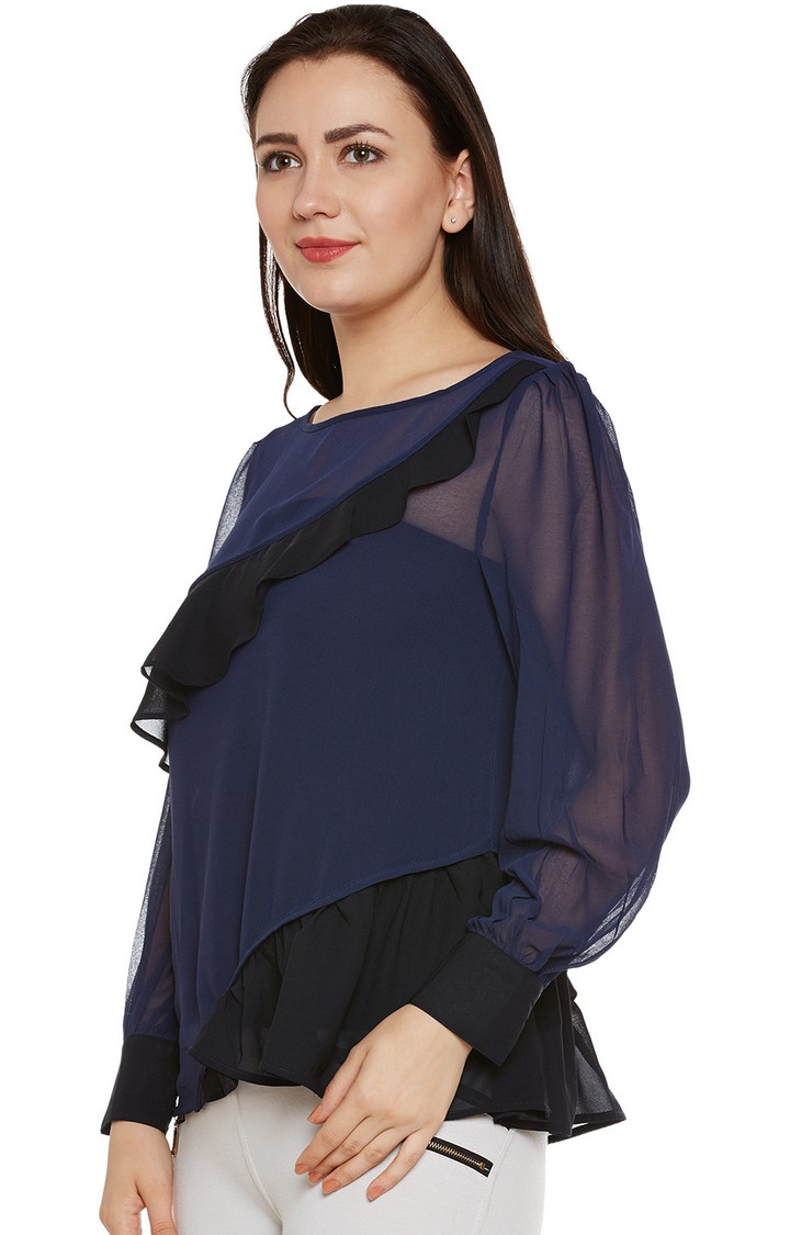 Navy & Black Sheer Top With Ruffles