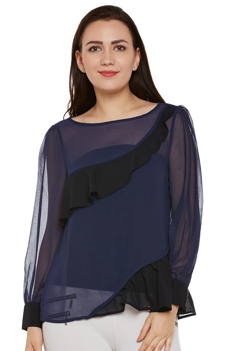 Navy & Black Sheer Top With Ruffles