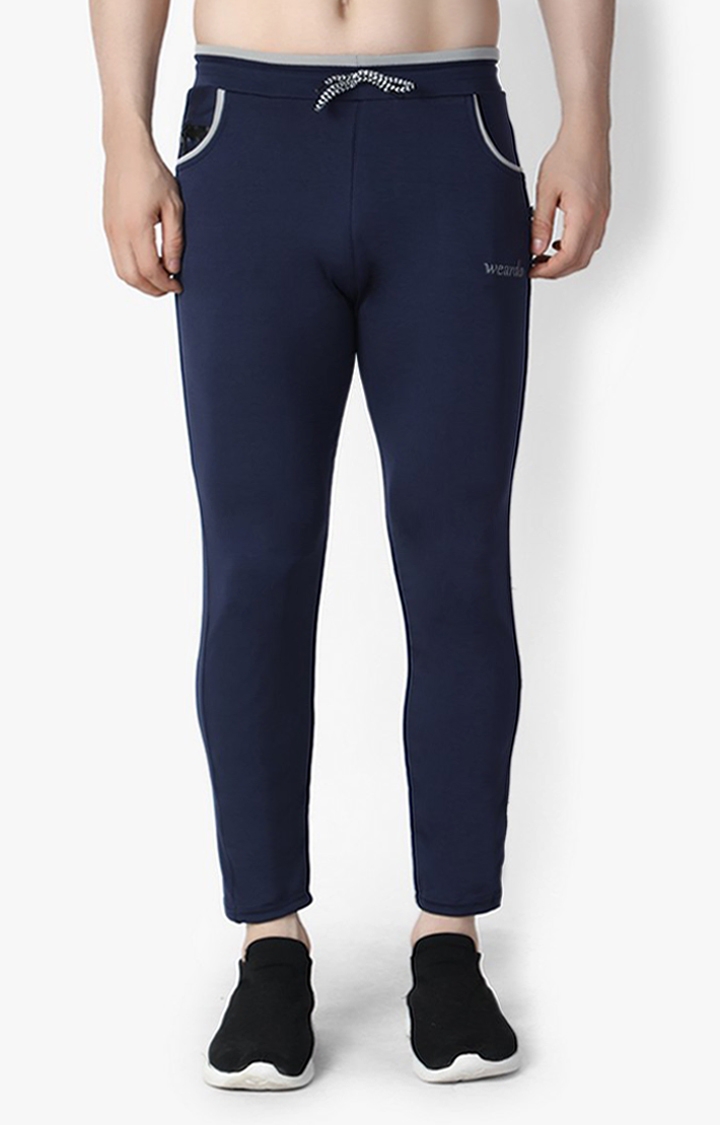 Weardo | Men's Blue Lycra Solid Trackpants