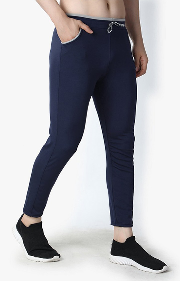 Men's Blue Lycra Solid Trackpants