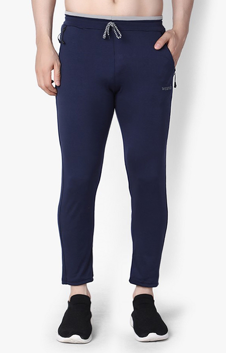 Weardo | Men's Blue Lycra Solid Trackpants