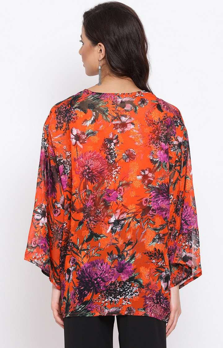 Floral Orange Print Women Shrug With Cami