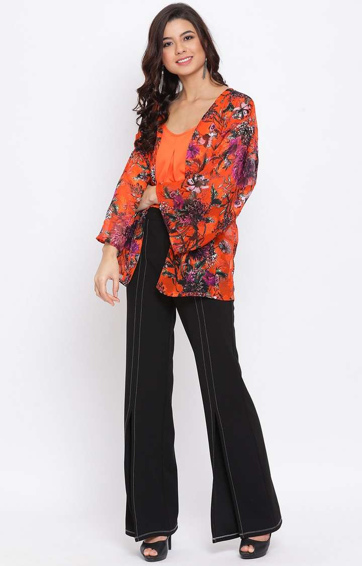 Floral Orange Print Women Shrug With Cami