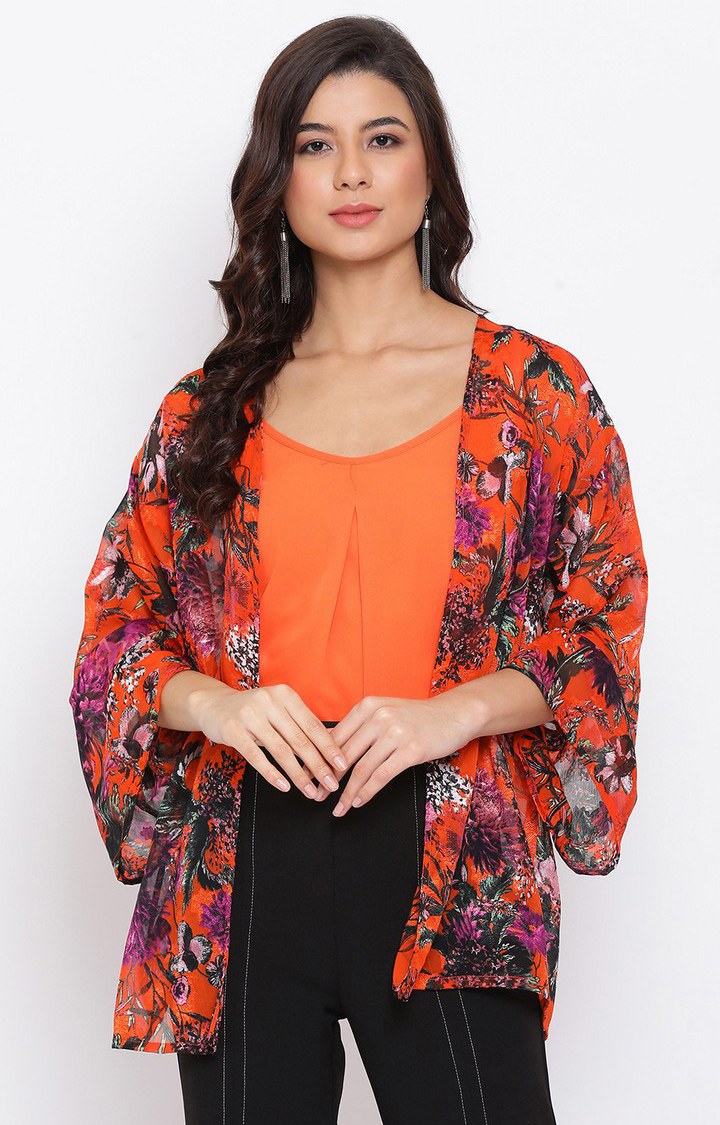 Floral Orange Print Women Shrug With Cami