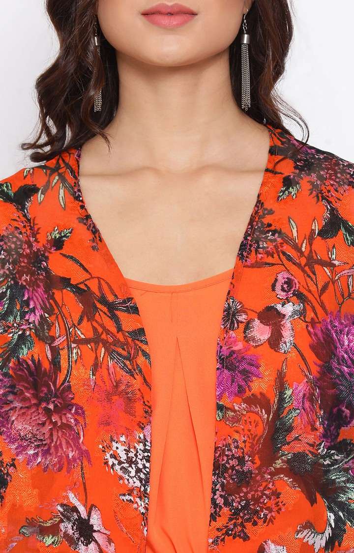 Floral Orange Print Women Shrug With Cami