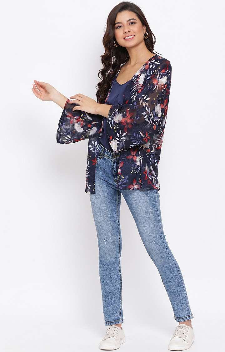 Floral Blue Print Women Shrug With Cami