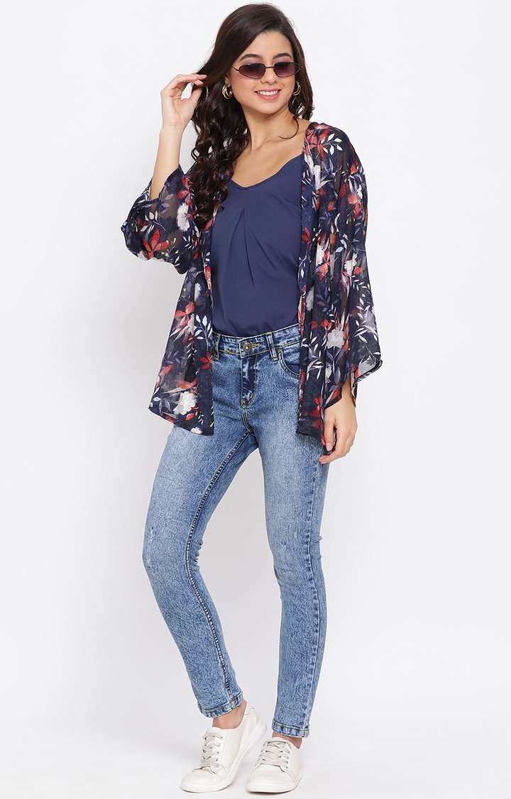 Floral Blue Print Women Shrug With Cami