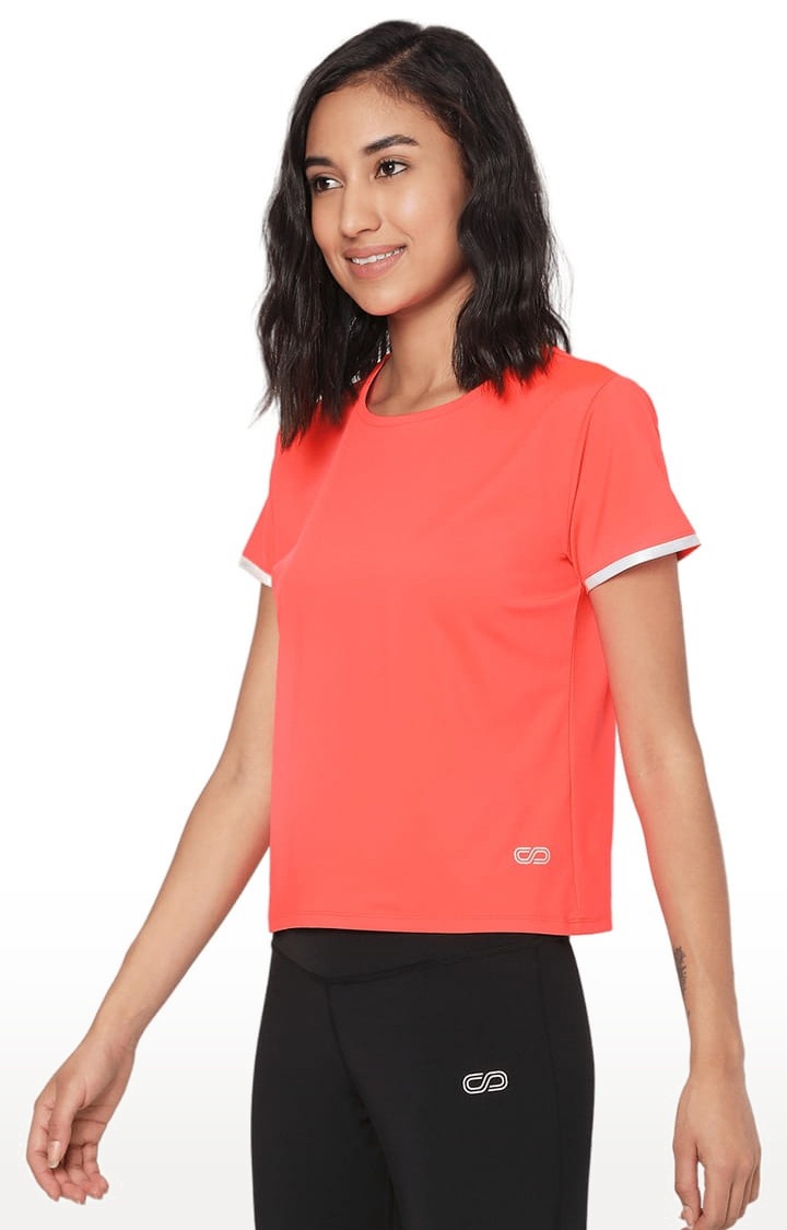 Women's Fiery Coral Polyester Solid Activewear T-Shirt