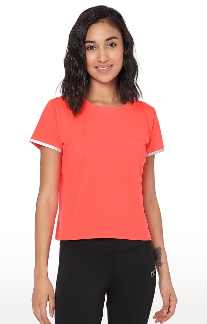 SilverTraq | Women's Fiery Coral Polyester Solid Activewear T-Shirt