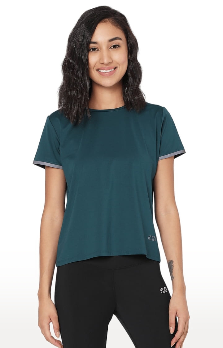 Women's Green Polyester Solid Activewear T-Shirt
