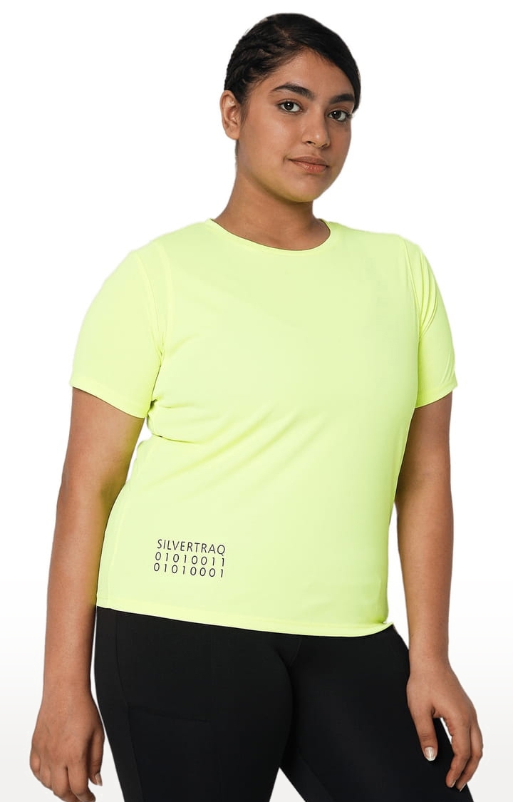 Women's Neon Yellow Polyester Solid Activewear T-Shirt - SilverTraq