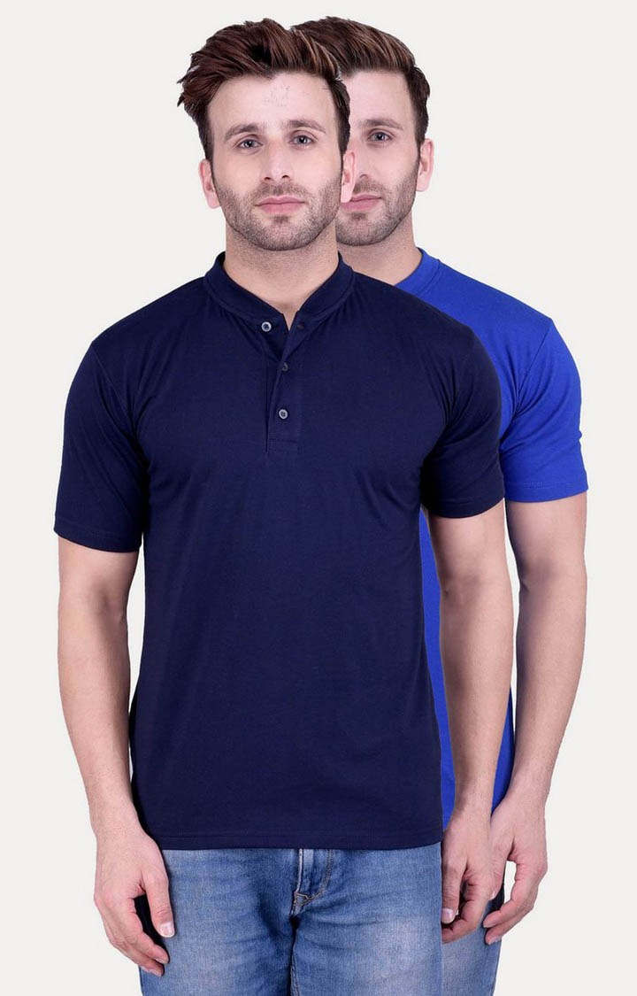 Weardo | Men's Blue Cotton Solid Polos