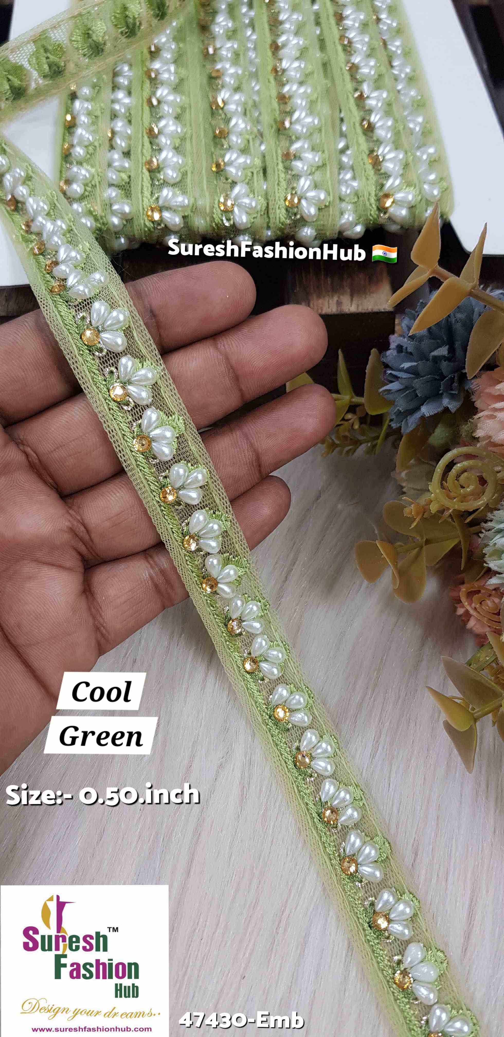LuxeGlimmer Embroidered Trim Cool Green Color