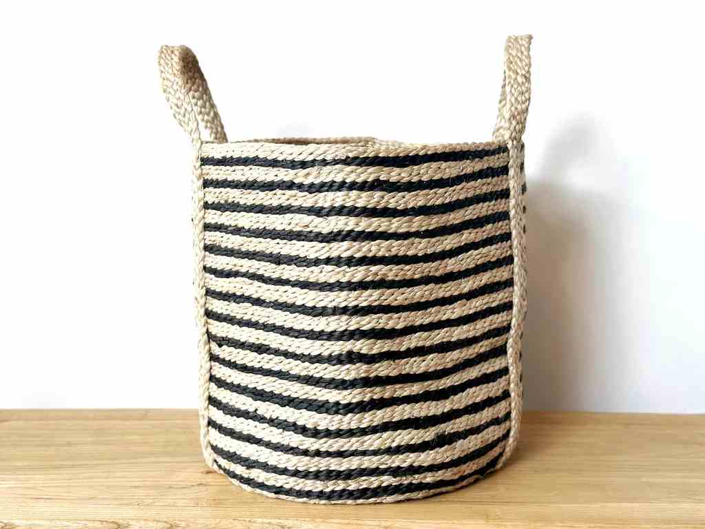 Handwoven Jute Storage Basket with Handles – Black Striped Natural Woven Organizer Basket for Laundry, Toys & Home Décor