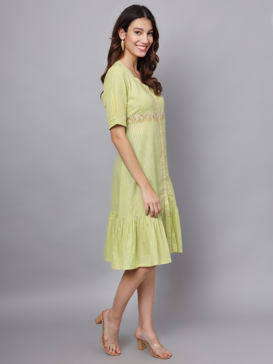 GREEN LUREX EMBROIDERED TIER DRESS