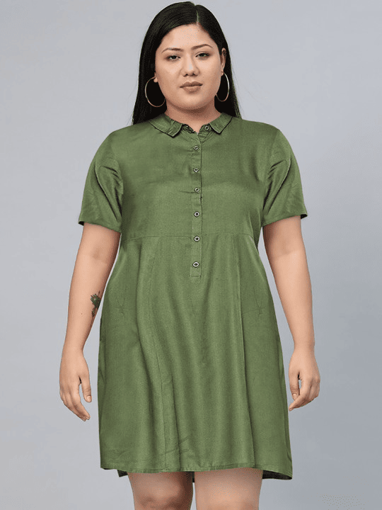 Olive Green Solid Shirt Dress