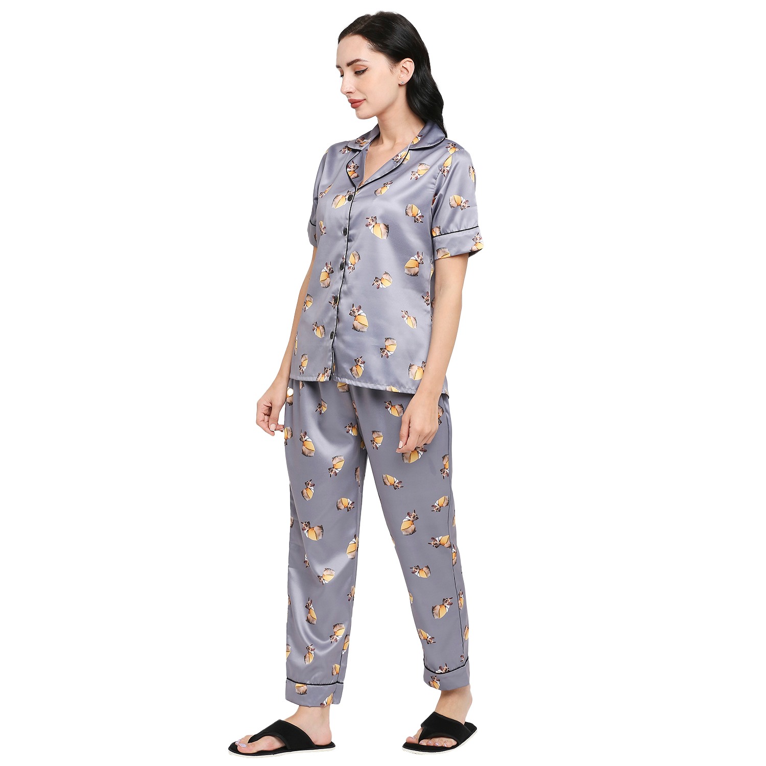 Smarty Pants women's silk satin grey color dog printed night suit.