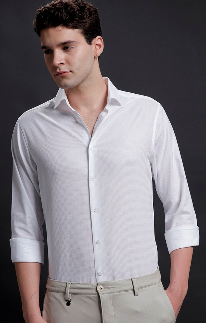 Men's White Cotton Textured Formal Shirt