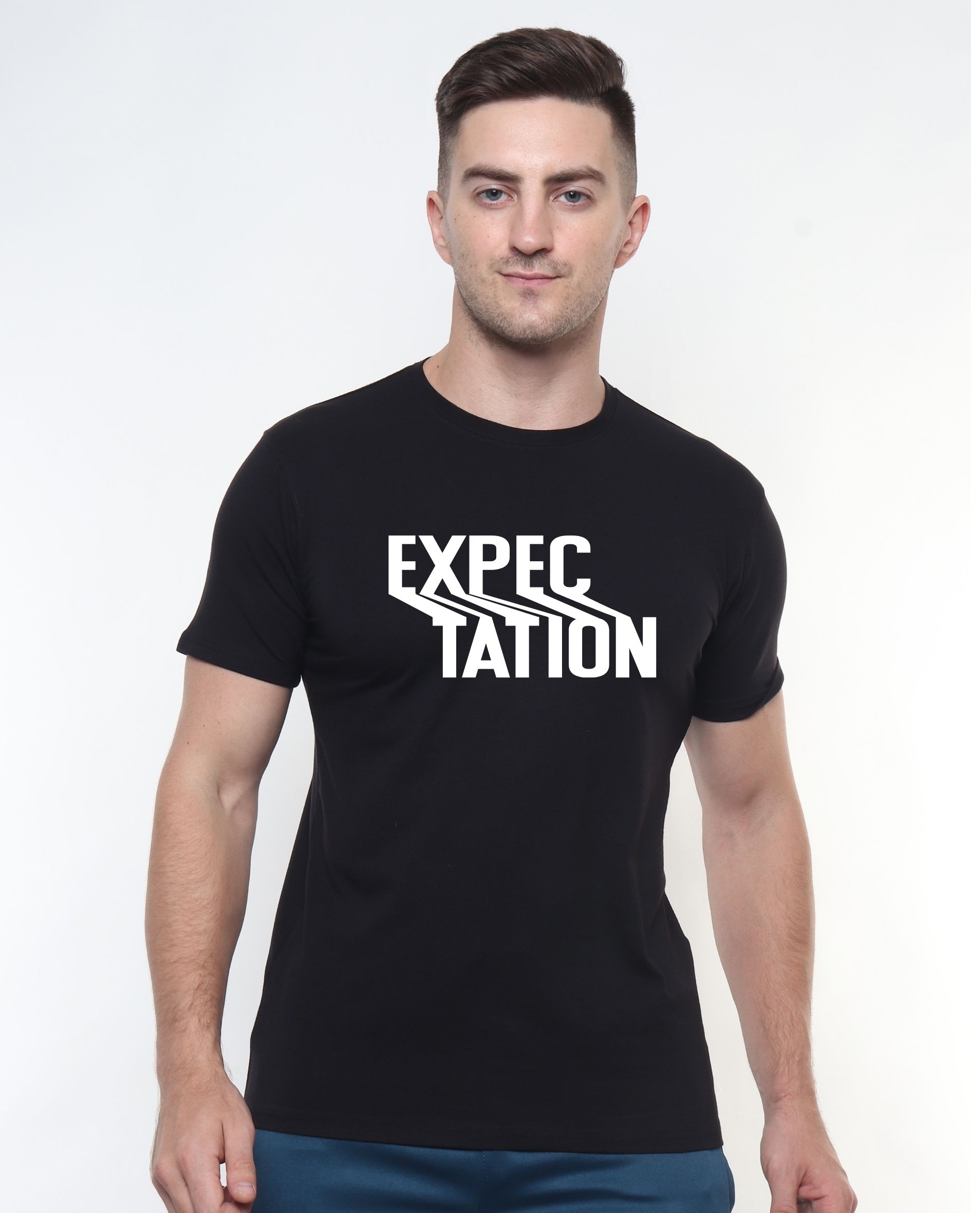 "Expectation" Black Round Neck T Shirt