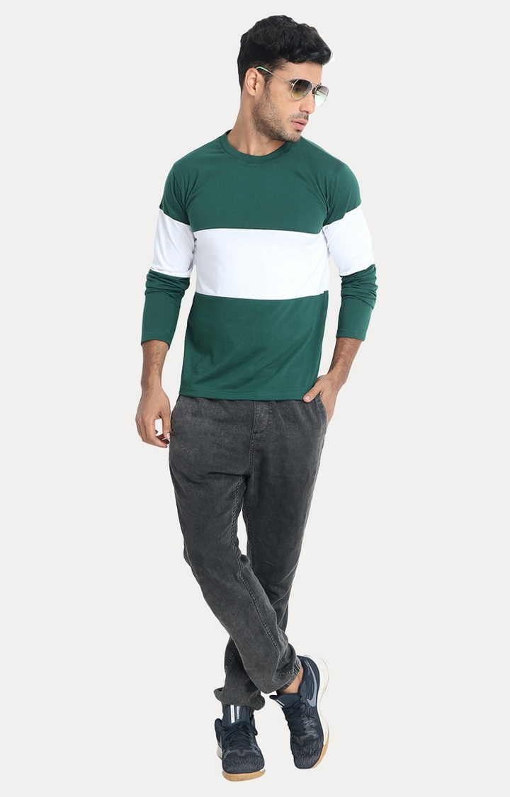 Weardo | Men's Green Cotton Colourblock Regular T-Shirts 1