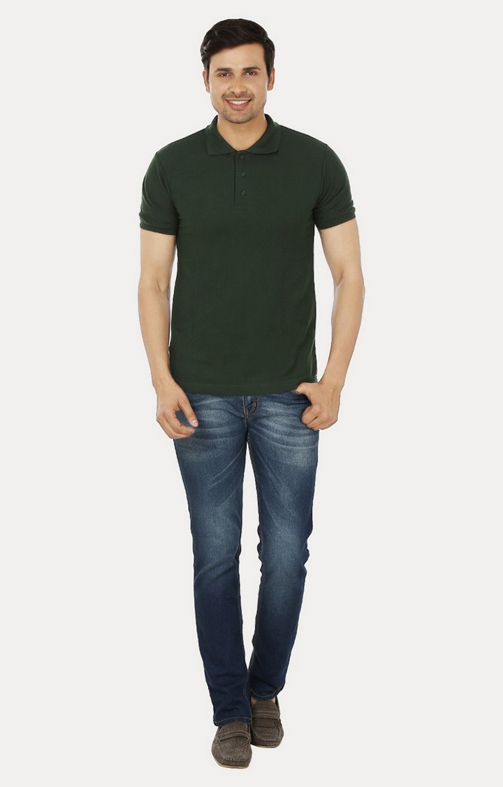 Men's Green Cotton Solid Polos