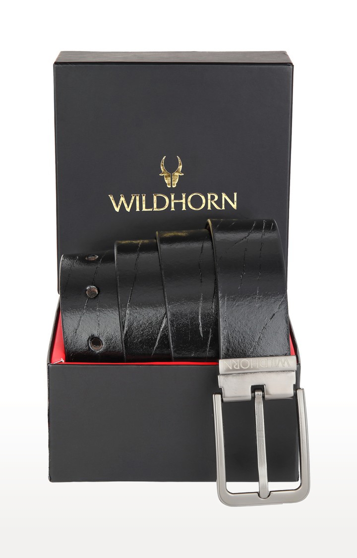 WildHorn | WildHorn Black Free Size Scratched Leather Formal Adjustable Belt for Men  0