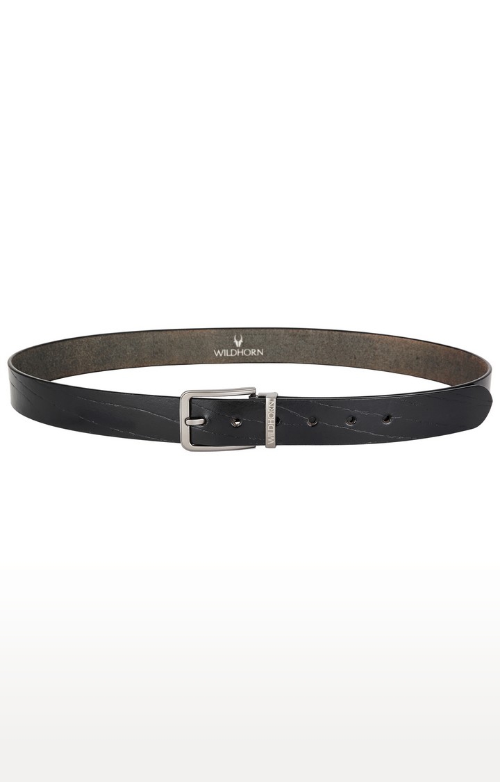 WildHorn | WildHorn Black Free Size Scratched Leather Formal Adjustable Belt for Men  1