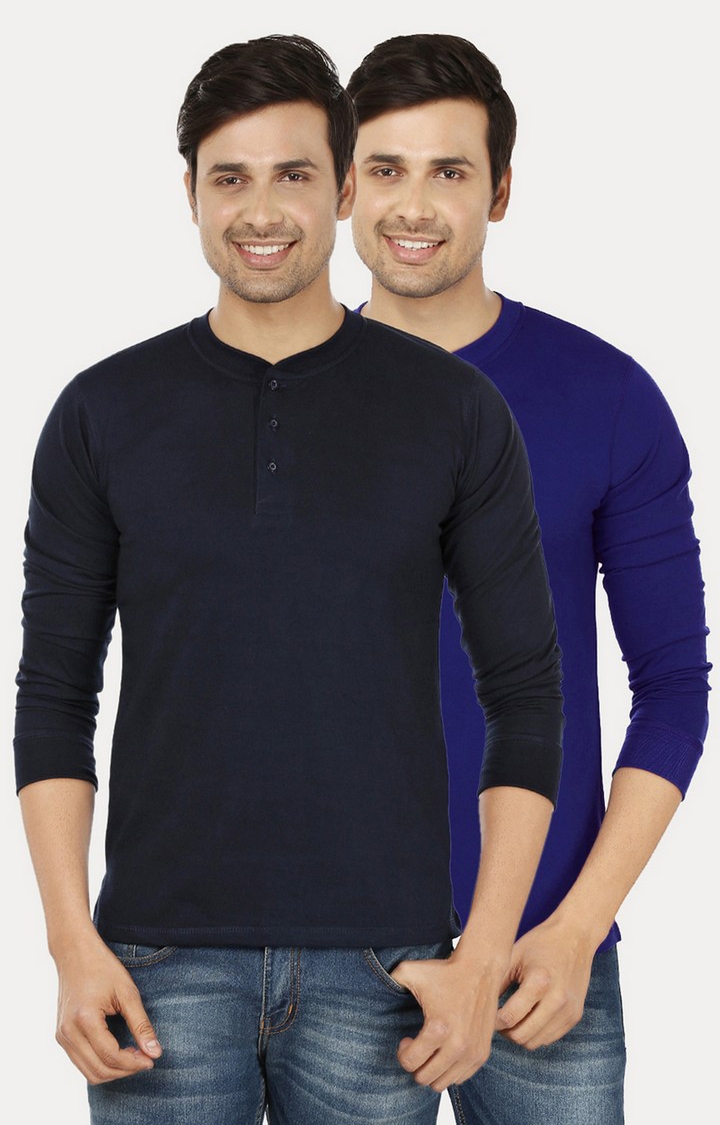 Weardo | Men's Blue Cotton Solid Regular T-Shirts 0