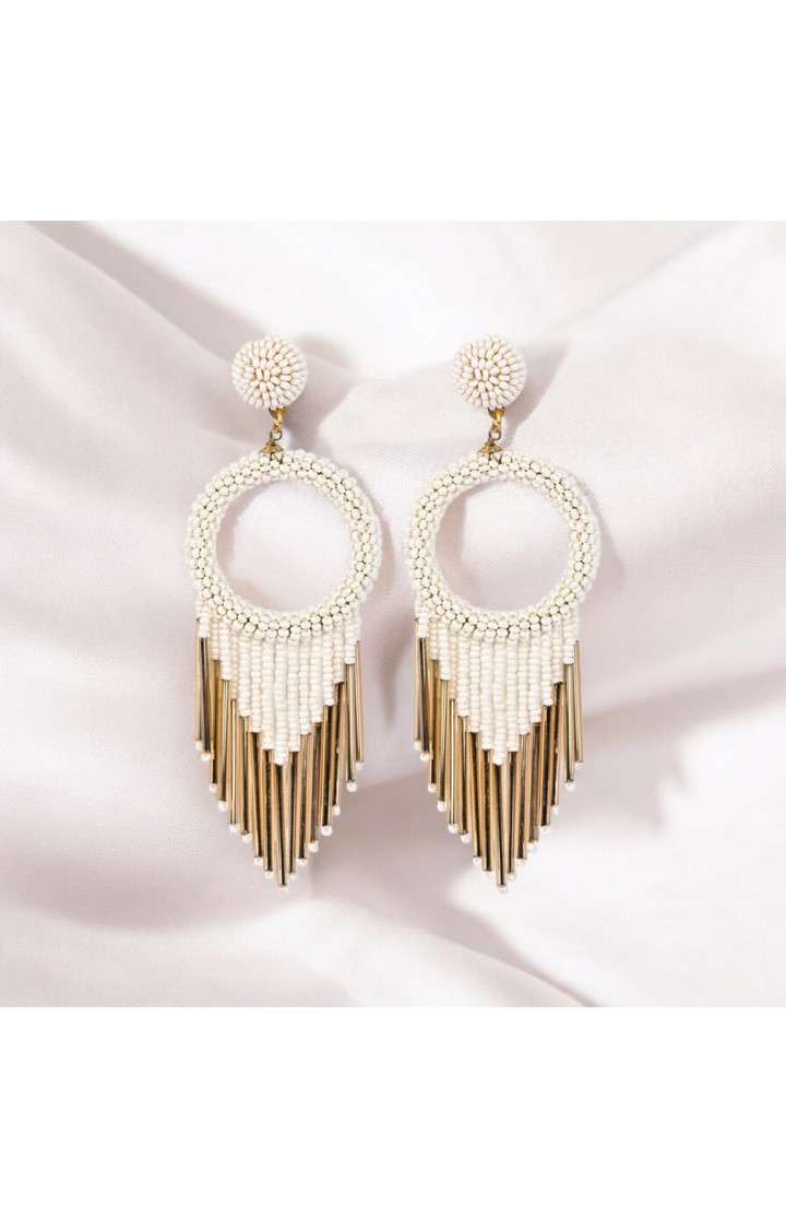 White Beaded Hoop Earrings with Gold Fringe â€“ Elegant Statement Jewellery