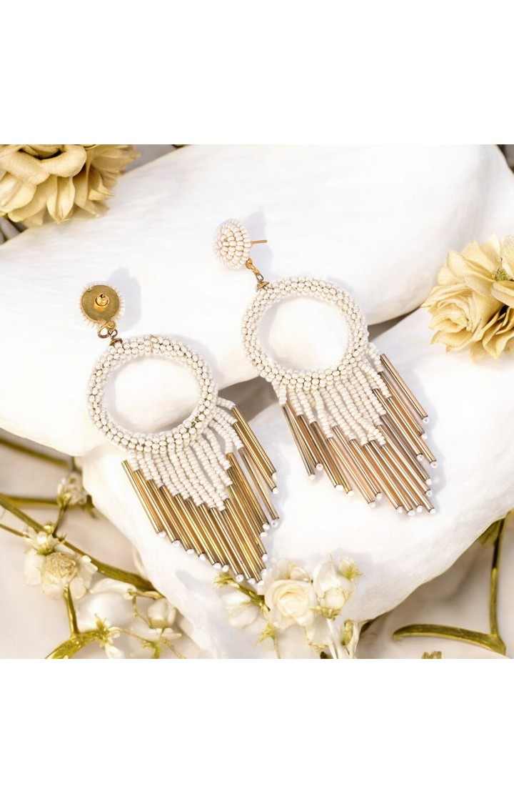 White Beaded Hoop Earrings with Gold Fringe â€“ Elegant Statement Jewellery