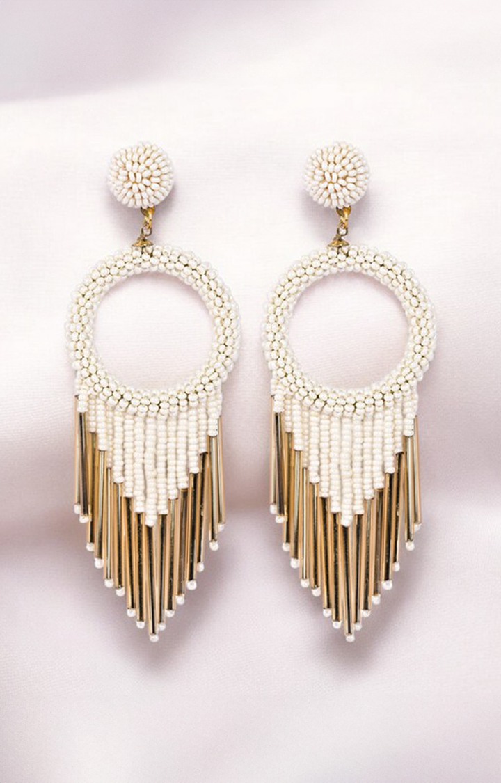 White Beaded Hoop Earrings with Gold Fringe â€“ Elegant Statement Jewellery