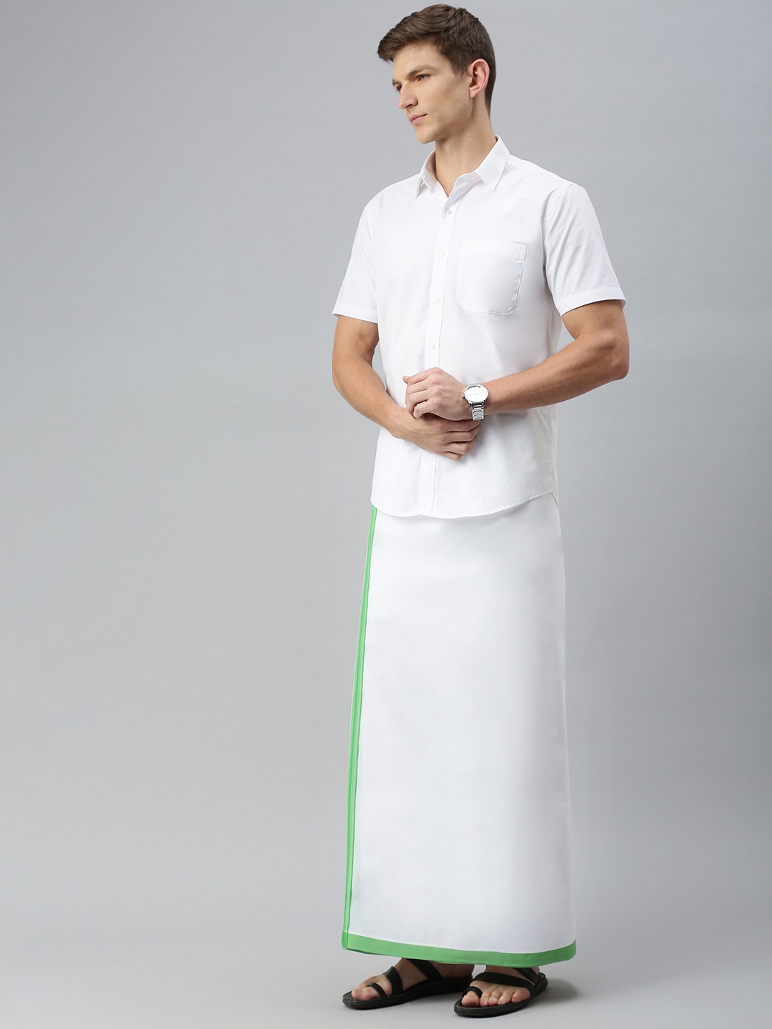 Whiteheart Men's 100% Cotton Solid,Light Green colour Fancy border Dhotis