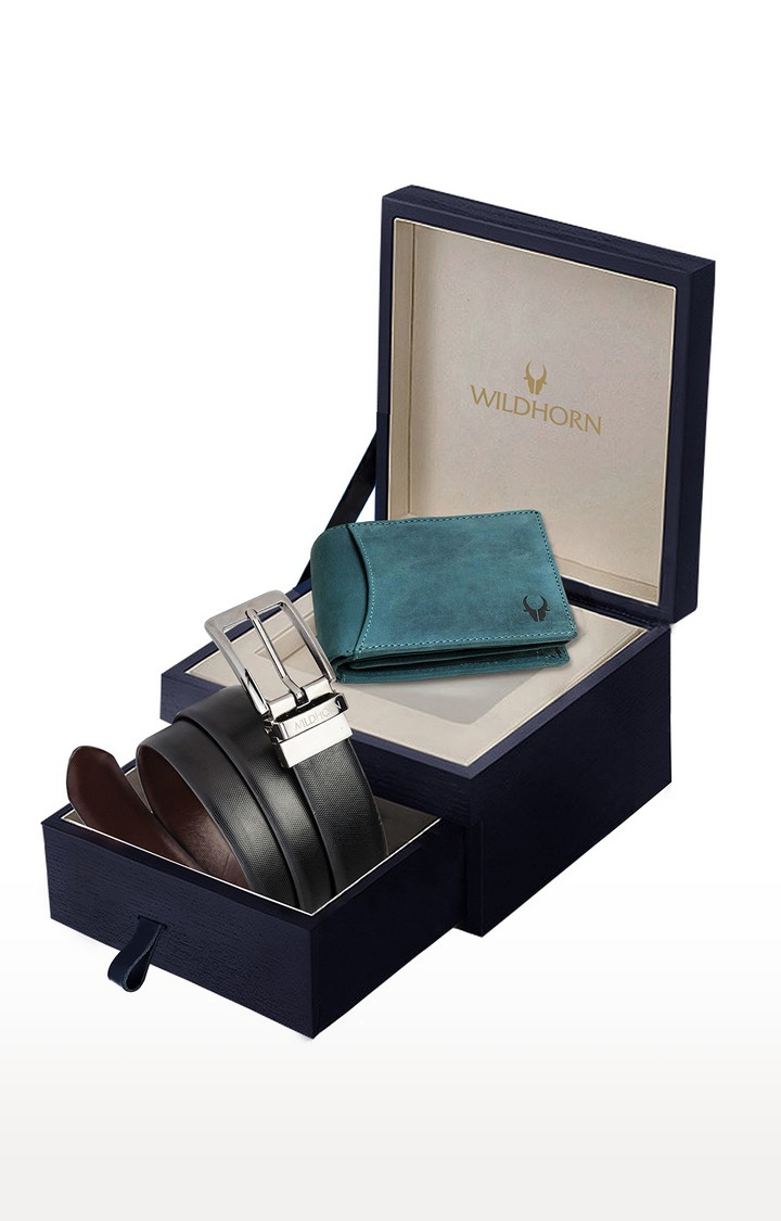 WildHorn | WildHorn Formal Black Reversible Leather Belt & Blue Wallet Combo Gift Hamper for Men 0
