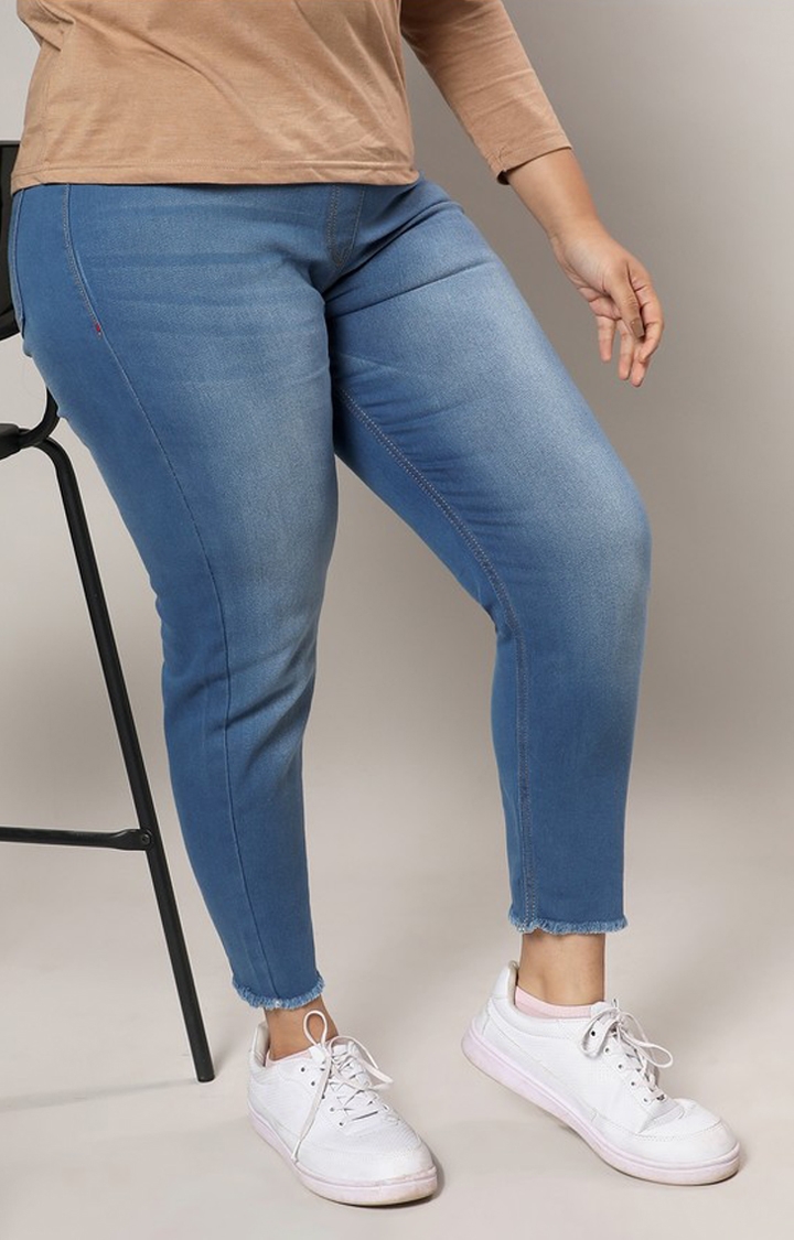 Instafab Plus | Women's Blue Distressed Hem Denim Jeans