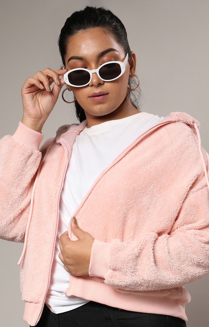 Instafab Plus | Women's Baby Pink Furry Hoodie With Ribbed Hem