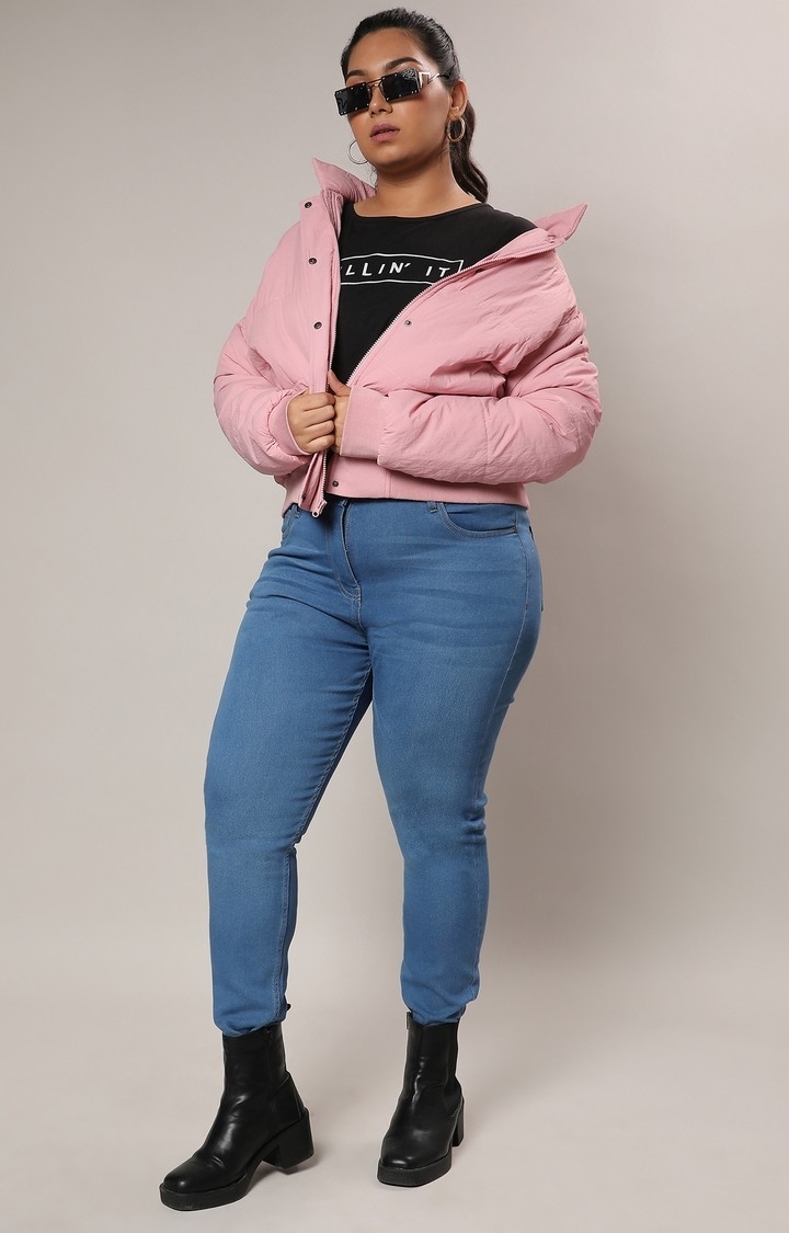 Women's Blush Pink Puffer Jacket With Angled Open Pockets