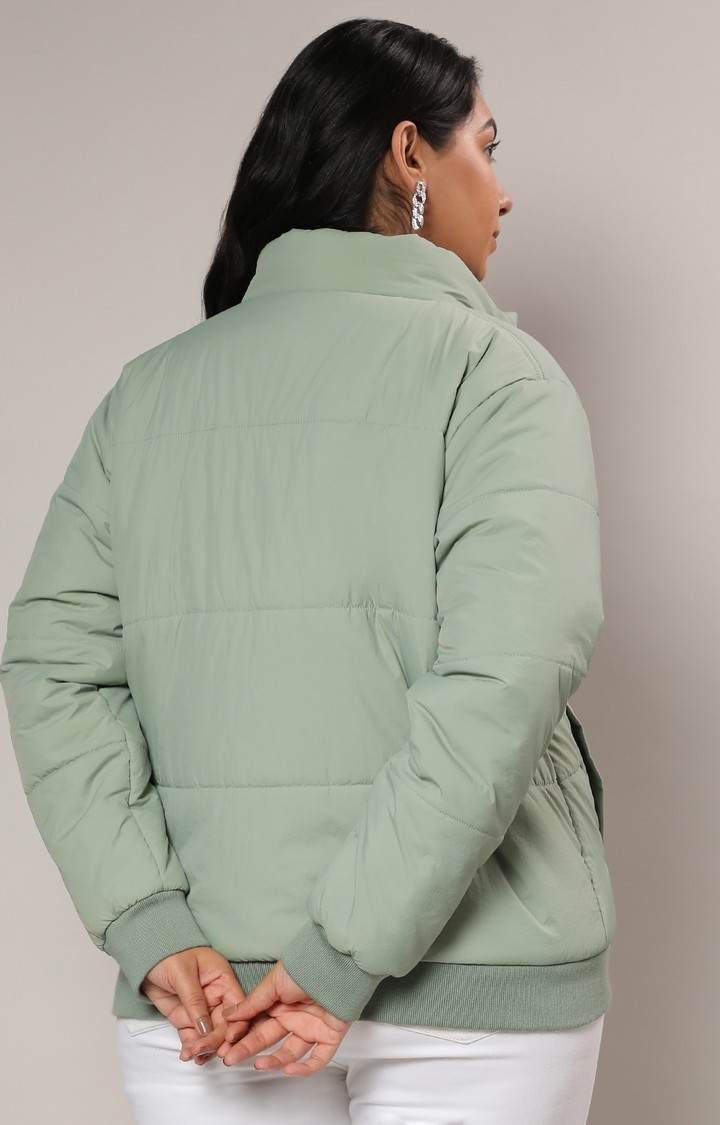 Women's Sage Green Quilted Bomber Jacket With Ribbed Hem
