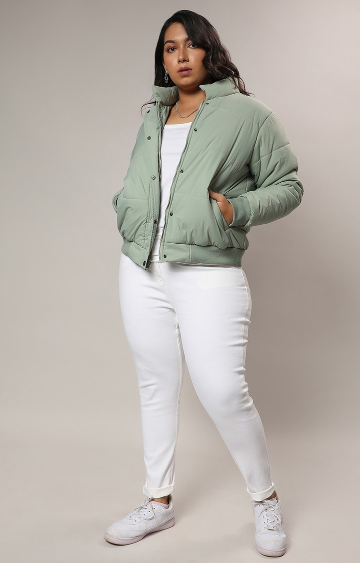 Women's Sage Green Quilted Bomber Jacket With Ribbed Hem