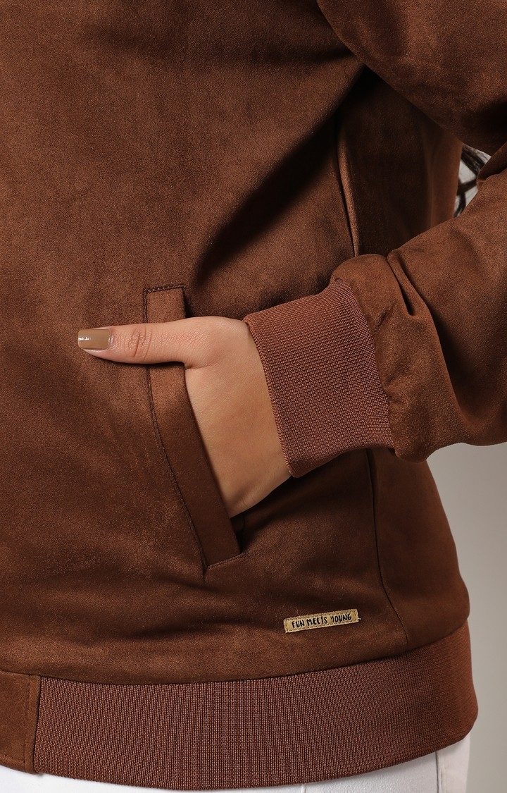 Women's Brown Solid Bomber Jackets