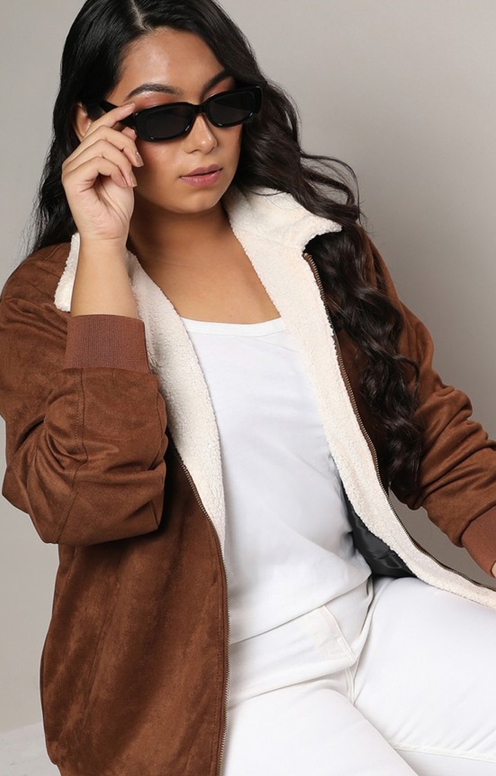 Women's Brown Solid Bomber Jackets