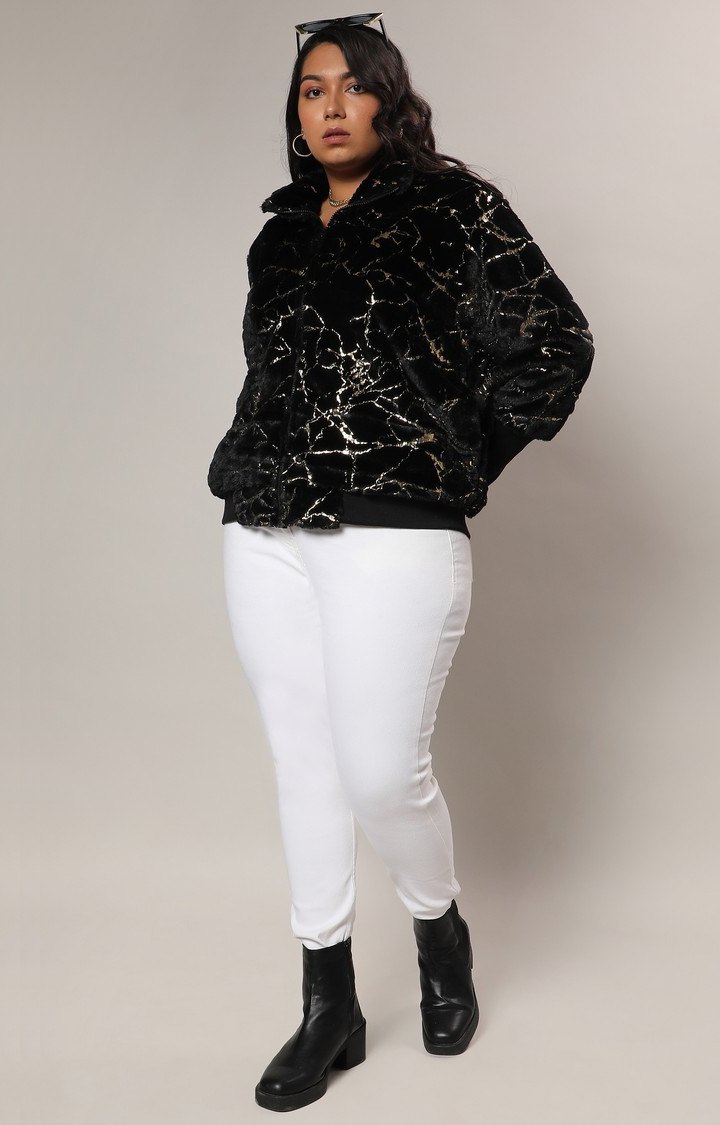 Women's Black Textured Bomber Jackets